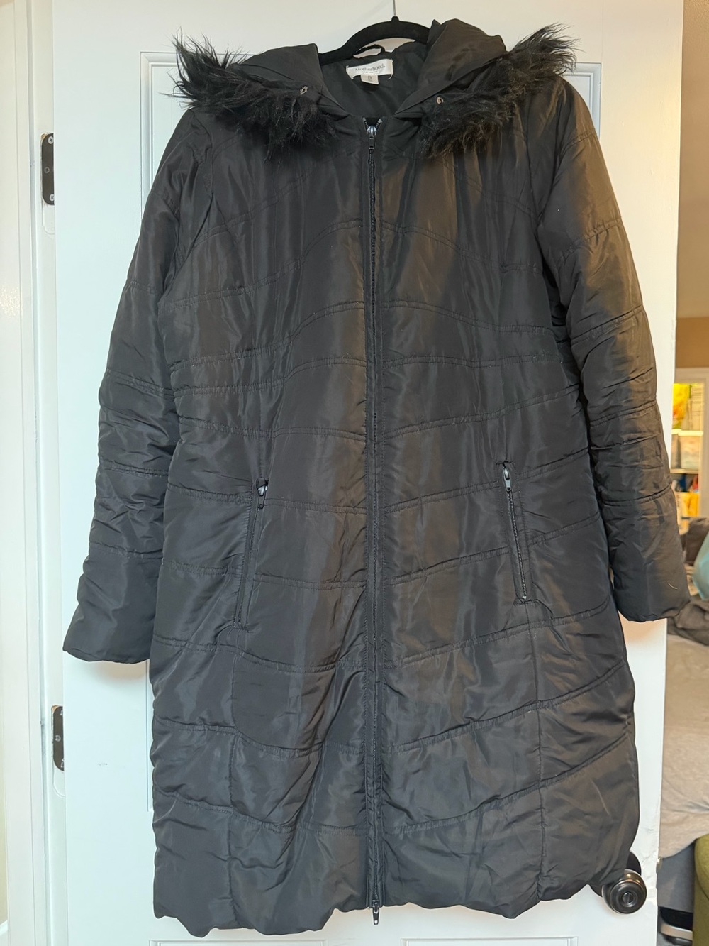 Motherhood Maternity Black Hooded Puffer Coat with Faux Fur Trim
